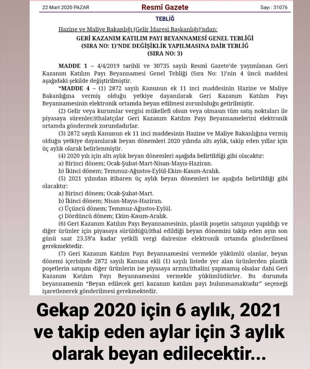 Geri Kazanim Beyannamesi Teblig 2020