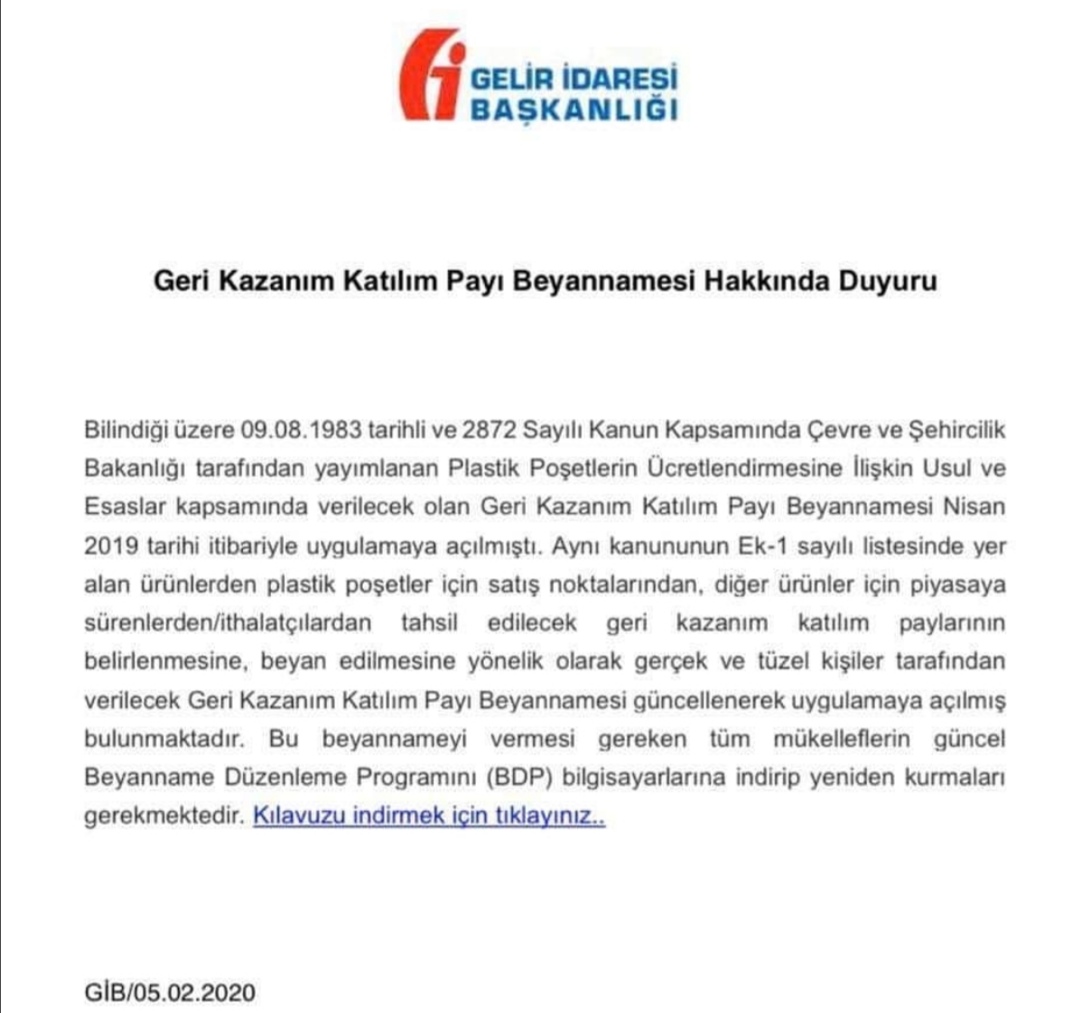 Geri Kazanım Payı Duyurusu