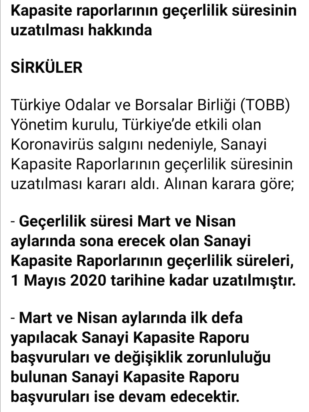 Kapasite Raporu Sure Uzatilmasi 2020